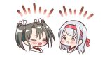  &gt;_&lt; 2girls brown_eyes commentary_request grey_hair hair_ribbon headband japanese_clothes kantai_collection long_hair multiple_girls notice_lines red_headband ribbon shouhou_(kancolle) simple_background twintails white_background white_hair yonnada1 zuikaku_(kancolle) 