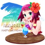  1girl :d bare_shoulders character_name cup dated drinking_glass drinking_straw flower green_eyes hair_flower hair_ornament happy_birthday heart ice looking_at_viewer mega_man_(series) mega_man_star_force open_mouth pink_hair shizuki_airu short_hair smile sonia_strumm_(mega_man) swimsuit upper_body 