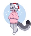 &lt;3 anthro blue_eyes bottomless bottomless_male candy candy_cane candy_cane_in_mouth christmas christmas_clothing christmas_headwear clothed clothing dessert digital_media_(artwork) dipstick_ears dipstick_tail dipstick_toes domestic_cat egyptian_mau eyewear felid feline felis fleurfurr food fur glasses grey_body hair hat headgear headwear hi_res holidays male mammal markings multicolored_ears nixuelle oversized_sleeves oversized_sweater pink_clothing pink_nose santa_hat simple_background smile solo spots spotted_markings star sweater tail tail_markings topwear turtleneck