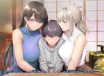  1boy 2girls age_difference bangs bare_shoulders between_breasts black_hair blue_eyes blush breasts brown_skirt child eyebrows_visible_through_hair gentsuki girl_sandwich grey_hair hair_intakes hair_ribbon hetero highres hood hood_down hooded_sweater implied_handjob kotatsu large_breasts long_hair multiple_girls original parted_lips pink_ribbon ponytail red_eyes ribbon sandwiched short_ponytail sidelocks sitting skirt sleeveless sleeveless_turtleneck smile sweater table turtleneck turtleneck_sweater 