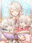  1boy 2girls aged_down ahoge alisaie_leveilleur alphinaud_leveilleur ameliance_leveilleur blue_eyes blue_shirt book brown_eyes dress eyebrows_hidden_by_hair family feet_out_of_frame final_fantasy final_fantasy_xiv gem hair_between_eyes hair_ribbon highres holding holding_book light_blush long_hair mother_and_daughter mother_and_son multiple_girls on_lap open_mouth pink_dress pointing pointy_ears ribbon shirt sitting smile stained_glass turtleneck_dress upper_body white_hair yue_limsa 