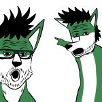 anthro canid canine canis duo eyewear fox fur gesture glasses green_body green_fur hair hi_res hybrid kecoadewi kudo_redfox_(character) male mammal open_mouth pointing ponytail soy soyjak stubble wolf