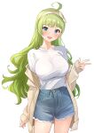  1girl absurdres ahoge b1ack_illust blue_eyes blush breasts cardigan casual cutoffs denim denim_shorts green_hair highres idolmaster idolmaster_million_live! large_breasts long_hair long_sleeves looking_at_viewer open_mouth shimabara_elena shirt shirt_tucked_in short_shorts shorts simple_background smile solo v very_long_hair w white_background white_shirt 