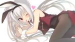  1girl :p ;) animal_ears arm_support bare_shoulders black_leotard black_pantyhose blush bow bowtie commentary_request dracu-riot! elena_olegovna_owen fake_animal_ears feet_out_of_frame grey_hair hair_between_eyes hair_spread_out heart jacket leotard long_hair looking_at_viewer nagesuteaka off_shoulder official_alternate_costume official_alternate_hairstyle one_eye_closed open_clothes open_jacket pantyhose partial_commentary playboy_bunny rabbit_ears red_bow red_bowtie red_eyes red_jacket side_ponytail simple_background smile solo tongue tongue_out very_long_hair white_background white_wrist_cuffs 