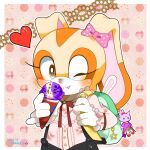  1girl animal_ears backpack bag blaze_the_cat blush bow brown_eyes cream_the_rabbit food food_in_mouth frilled_sleeves frills furry furry_female gloves heart holding holding_food holding_ice_cream ice_cream ice_cream_cone kusunoki_cherry looking_at_viewer one_eye_closed rabbit_ears rabbit_girl sonic_(series) white_gloves 