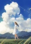  1girl black_hair blue_sky closed_eyes cloud dress from_side full_body grass harucoro25 hat highres medium_hair nature original paid_reward_available sandals scenery sky solo standing sun_hat white_dress 