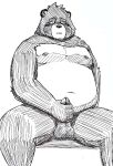  2021 anthro belly blush canid canine eyewear genitals glasses humanoid_genitalia humanoid_hands humanoid_penis kemono koh_say_ello male mammal masturbation moobs nipples overweight overweight_male penis raccoon_dog simple_background sitting sketch solo tanuki white_background 