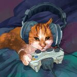 absurd_res ambiguous_gender bed bedding catwheezie controller domestic_cat electronics felid feline felis feral fur furniture game_controller gaming headphones hi_res looking_at_viewer lying mammal microsoft on_bed on_front playing_videogame signature simple_background solo tuft whiskers wire xbox xbox_360 xbox_game_studios
