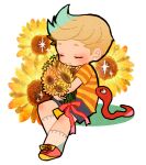  1boy 73_(naa) black_shorts blonde_hair bouquet closed_eyes closed_mouth dated flower full_body holding holding_bouquet lucas_(mother_3) male_focus mother_(game) mother_3 red_footwear red_ribbon ribbon shirt shorts signature snake socks solo striped striped_shirt sunflower white_socks yellow_flower 
