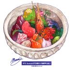  bowl egg fish food food_focus highres ikura_(food) kaisendon meat momiji_mao no_humans omelet original roe salmon sashimi seafood shrimp signature simple_background still_life tamagoyaki translation_request vegetable wasabi white_background 