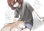  1girl absurdres blush brown_eyes chinosuke_(o_j_o_p) commentary_request dog highres idolmaster idolmaster_cinderella_girls looking_at_viewer murakami_tomoe on_lap open_mouth red_hair shiba_inu shirt short_hair simple_background sketch sleeping sweatdrop t-shirt translation_request white_background 