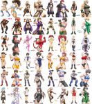  6+girls abs alternate_costume before_and_after black_hair blue_hair breasts brown_hair character_request commentary_request dark_skin fighting_stance grey_hair highres kendo midriff multiple_girls muscular muscular_female original reference_sheet retro_artstyle short_hair taroimo_(00120014) translation_request waving white_background wrestling wrestling_boots wrestling_outfit 