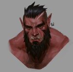  1boy absurdres back_hair bara beard black_hair broken_tusk chest_hair colored_skin cropped_torso facial_hair frown full_beard highres huge_eyebrows long_beard looking_at_viewer male_focus mature_male monster_boy muscular muscular_male orc orcs original pectorals red_skin rodrigodraws scar_on_head short_hair solo thick_beard tusks undercut 