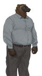 2022 anthro belt bottomwear brown_body brown_fur cettus clothed clothing dress_shirt fully_clothed fur gulonine hi_res male mammal mustelid musteline pants shirt simple_background slightly_chubby slightly_chubby_anthro slightly_chubby_male solo standing topwear white_background wolverine