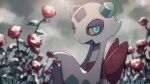  aqua_eyes blurry closed_mouth colored_sclera commentary_request flower froslass gen_4_pokemon highres looking_at_viewer no_humans outdoors pokemon pokemon_(creature) red_flower repost_notice solo watermark yellow_sclera yukifuri_tsuyu 