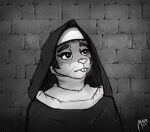 anthro black_and_white brick_wall buckteeth clothed clothing female fully_clothed greyscale hi_res mammal monochrome mouse murid murine nun nun_outfit oneflymagpie ophelia_(oneflymagpie) portrait rodent solo teeth wall_(structure)