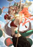  1girl arrow_(projectile) bow_(weapon) breasts brown_hair commentary_request dragon_girl dragon_horns dragon_tail earrings facial_mark gloves highres hoop_earrings horns jewelry kionaoki long_hair looking_at_viewer necklace original partially_fingerless_gloves pointy_ears ponytail red_eyes scales single_glove small_breasts solo tail weapon 