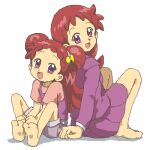  2girls :d age_comparison back-to-back barefoot blush commentary dual_persona english_commentary feet full_body hair_ornament harukaze_doremi jacket kasuga_(kasuga39) long_hair long_sleeves lowres multiple_girls oekaki ojamajo_doremi open_mouth purple_eyes purple_jacket purple_shorts purple_skirt red_hair school_uniform shirt short_sleeves shorts shorts_rolled_up simple_background sitting skirt smile t-shirt time_paradox very_long_hair white_background 
