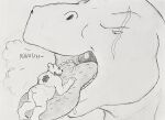 aker_(rouenalmer) anthro bear bodily_fluids breath brontosaurus dinosaur diplodocid drooling duo herbivore hgythshs hi_res licking male male/male mammal mawplay on_tongue open_mouth oral_vore reptile rouen_(blazingfrostwolf) saliva sauropod scalie size_difference sketch soft_vore teeth text throat tongue tongue_out vore