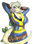 absurd_res anthro bethesda_softworks big_breasts breasts clothed clothing cosplay costume digital_media_(artwork) dinosaur fallout fallout_nv female goodbye_volcano_high green_hair hair hi_res itzimiau looking_at_viewer ornithischian reptile scalie simple_background smile snoot_game snout solo spikes spikes_(anatomy) stegosaurian stegosaurus stella_(snoot_game) tail thyreophoran topwear vault-tec_logo vault_boy vault_dwellers_(fallout)