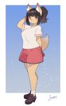  1girl :3 absurdres animal_ears arm_behind_head arm_up black_hair blunt_bangs breasts brown_eyes brown_footwear closed_mouth fox_ears fox_girl fox_tail full_body furry furry_female highres komena_(ryuusui_arumo) large_breasts original red_shorts ryuusui_arumo shirt short_hair short_ponytail short_sleeves shorts smile socks solo tail thick_eyebrows white_shirt white_socks 