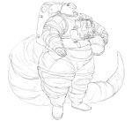 2023 anthro armor astronaut backpack cettus clothed clothing fully_clothed headgear helmet holding_armor holding_headgear holding_helmet holding_object long_tail looking_at_viewer male overweight overweight_anthro overweight_male reptile scalie smile snake solo spacesuit standing suit tail