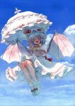  1girl bat_wings blue_hair blue_sky cloud cloudy_sky full_body hat highres holding holding_umbrella looking_at_viewer midair misawa_hiroshi mob_cap open_mouth painting_(medium) parasol pointy_ears red_eyes remilia_scarlet shirt skirt sky solo touhou traditional_media umbrella vampire watercolor_(medium) white_shirt white_skirt wings 