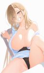  1girl asuna_(blue_archive) black_panties blonde_hair blue_archive blue_eyes breasts hair_over_one_eye highres kono_(xerondan321) large_breasts long_hair looking_at_viewer mole mole_on_breast panties smile solo thighs underwear white_background 