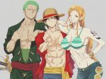  1girl 2boys aoico_blue8 arm_tattoo artist_name bikini bikini_top_only black_eyes black_hair closed_mouth commentary_request earrings green_bikini green_hair hat highres jewelry katana long_hair looking_at_viewer monkey_d._luffy multiple_boys nami_(one_piece) one_eye_closed one_piece open_clothes orange_hair red_shirt roronoa_zoro scar scar_across_eye scar_on_chest shirt short_hair simple_background single_earring smile straw_hat swimsuit sword tattoo v weapon 