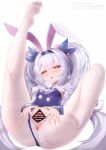  1girl absurdres animal_ears anus areola_slip azur_lane bar_censor blue_leotard blue_ribbon blush breasts censored covered_navel crossed_bangs cum cum_in_pussy dorsiflexion fake_animal_ears feet hair_ribbon heart heart-shaped_pupils highres john_zerowb knee_up laffey_(azur_lane) laffey_ii_(azur_lane) laffey_ii_(sleepy_on_a_busy_day)_(azur_lane) leg_up legs leotard long_sleeves lying no_shoes official_alternate_costume on_back pantyhose parted_lips patreon_username playboy_bunny pussy rabbit_ears red_eyes ribbon see-through see-through_legwear simple_background small_breasts soles solo spread_pussy symbol-shaped_pupils toenails toes tongue tongue_out torn_clothes torn_pantyhose twintails twitter_username white_background white_hair white_pantyhose 