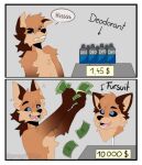 2023 anthro artist_name blue_eyes brown_body brown_fur canid canine chest_tuft deodorant digital_media_(artwork) fur fursuit_head gloves_(marking) hi_res male mammal maned_wolf markings money open_mouth open_smile smile solo spraykitty tongue tuft