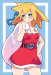  1girl absurdres blonde_hair blush breasts buzzlyears closed_mouth collarbone green_eyes hand_on_own_hip highres holding holding_sack long_hair looking_at_viewer medium_breasts mega_man_(series) mega_man_legends_(series) roll_caskett_(mega_man) sack santa_costume smile solo 