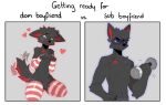 &lt;3 2023 anthro artist_name black_body black_fur blep blush canid canine clothing digital_media_(artwork) english_text exercise fur legwear male mammal mostly_nude red_body red_fur solo spraykitty tail tail_motion tailwag text thigh_highs tongue tongue_out workout