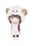  1girl animal_costume animal_hood black_hair blush chibi closed_mouth fate/kaleid_liner_prisma_illya fate_(series) full_body hair_between_eyes hood hood_up hoodie horns long_sleeves miyu_edelfelt sheep_hood simple_background solo standing white_background white_hoodie yellow_eyes 