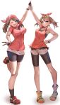  2girls bandana bare_shoulders bike_shorts black_shorts blue_eyes bow brown_hair dual_persona full_body gloves grey_eyes hair_bow hand_on_own_hip high_five highres leg_up looking_at_viewer may_(pokemon) momdy_(talesshinja) multiple_girls one_eye_closed pokemon pokemon_oras pokemon_rse red_bandana red_bow red_shirt shirt shoes short_sleeves shorts sleeveless sleeveless_shirt smile teeth upper_teeth_only v white_background white_shorts 