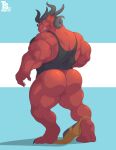  absurd_res anthro back_muscles biceps big_butt bottomless butt clothed clothing dragon hi_res horn looking_at_viewer looking_back male muscular muscular_anthro muscular_male rear_view red_body scalie shirt simple_background solo standing tank_top topwear tylerstark underwear underwear_around_one_leg 