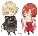  2boys :d blonde_hair blue_eyes chibi floral_print flower full_body hair_between_eyes hair_flower hair_ornament hanasaki_miyabi holding holding_sword holding_weapon holostars japanese_clothes kimono kishido_temma male_focus multiple_boys open_mouth red_hair riri_zuran scarf short_hair signature simple_background smile standing sword virtual_youtuber weapon white_background yellow_eyes 