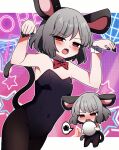  1girl absurdres animal_ears black_leotard black_nails black_pantyhose blush bow breasts detached_collar fingernails grey_hair highres leotard looking_at_viewer mouse_ears mouse_tail multiple_views nail_polish nazrin open_mouth pantyhose red_bow red_eyes short_hair small_breasts spoken_squiggle squiggle star_(symbol) strapless strapless_leotard tail touhou wrist_cuffs you_(noanoamoemoe) 