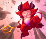 2_toes 4_fingers anthro bulge clothing eyes_closed feet fennephilim_fox fingers fur hair hell hi_res horn league_of_legends male melee_weapon nipples pink_clothing pink_underwear polearm red_body red_fur red_hair riot_games solo teemo_(lol) toes trident underwear weapon yordle