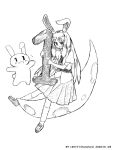  1girl animal_ears artist_name crescent_moon dated flying_sweatdrops greyscale highres holding kometaro light_blush long_hair mascot monochrome moon necktie open_mouth pleated_skirt rabbit rabbit_ears reisen_udongein_inaba shoes short_sleeves skirt smile socks solo touhou very_long_hair white_background 