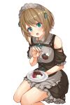  1girl aogiri_koukou apron aqua_eyes arm_garter black_dress breasts brown_hair brown_nails collared_shirt dress food fork frilled_dress frills fruit grey_apron grey_shirt highres holding holding_fork holding_plate ice_cream kkix25 kurikoma_komaru maid maid_headdress open_mouth pinafore_dress plate shirt short_hair sleeveless sleeveless_dress sleeveless_shirt solo strawberry virtual_youtuber waist_apron 