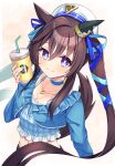  1girl :3 animal_ears aonu_koru blue_jacket blue_ribbon brown_hair casual commentary_request crop_top cup disposable_cup drinking_straw ear_covers hair_between_eyes hair_ribbon highres holding holding_cup horse_ears horse_girl jacket long_hair looking_at_viewer midriff mole mole_under_eye navel purple_eyes ribbon simple_background single_ear_cover solo twintails umamusume vivlos_(umamusume) white_background white_headwear 
