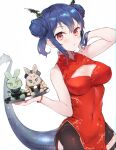  1girl :3 adjusting_hair arknights bike_shorts black_shorts blue_hair blush bracelet breasts ch&#039;en_(ageless_afterglow)_(arknights) ch&#039;en_(arknights) china_dress chinese_clothes cleavage cleavage_cutout clothing_cutout covered_navel cowboy_shot double_bun dragon_horns dragon_tail dress hair_bun holding holding_tray horns jewelry koba official_alternate_costume red_dress red_eyes short_hair shorts sidelocks simple_background sleeveless sleeveless_dress solo standing tail tray white_background 