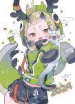  1girl 2024 absurdres ahoge animal animal_hood antlers artist_name bandaid_on_horn black_horns black_shorts blonde_hair chinese_zodiac confetti cotono_(nazekun) cowboy_shot creature dated dolphin_shorts dragon dragon_girl dragon_hood dragon_tail egasumi fangs green_eyes green_jacket green_scales hands_up highres holding holding_animal hood horns jacket long_sleeves looking_at_viewer medium_hair midriff multicolored_eyes multiple_horns new_year open_mouth original red_eyes scales short_eyebrows short_shorts shorts simple_background skin-covered_horns sleeves_past_fingers sleeves_past_wrists solo standing tail tail_raised white_background year_of_the_dragon 