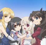  4girls absurdres aqua_eyes bare_shoulders black_hair blonde_hair blue_background breasts brown_eyes brown_hair closed_mouth commentary_request elbow_gloves fate/kaleid_liner_prisma_illya fate_(series) gloves gradient_background grin hair_between_eyes hair_ornament hairclip hand_on_another&#039;s_shoulder highres hug hug_from_behind illyasviel_von_einzbern large_breasts light_smile long_hair looking_at_viewer luviagelita_edelfelt miyu_edelfelt multiple_girls off_shoulder official_art one_eye_closed open_mouth red_eyes red_shirt ribbon shirt small_breasts smile straight_hair tohsaka_rin 