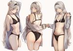  1girl 3_small_spiders absurdres an-94_(girls&#039;_frontline) ass bikini black_bikini black_hairband blue_eyes blush breasts collared_shirt commentary_request cropped_legs cup girls&#039;_frontline grey_hair hairband highres holding holding_cup long_hair long_sleeves looking_at_viewer mug multiple_views navel open_clothes open_shirt shirt sidelocks simple_background small_breasts swimsuit very_long_hair white_background white_shirt 