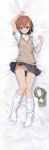  1girl absurdres arm_up ass_visible_through_thighs black_skirt blush breasts brown_eyes brown_hair clothes_lift collared_shirt dakimakura_(medium) expressionless flower groin hair_between_eyes hair_flower hair_ornament hand_up highres knees_together_feet_apart knees_up looking_at_viewer lying medium_hair miniskirt misaka_mikoto mixed-language_commentary nervous on_back panties panty_pull pleated_skirt rauto school_uniform shirt short_sleeves shorts side-tie_panties skirt skirt_lift small_breasts solo staring striped_clothes striped_panties toaru_kagaku_no_railgun toaru_majutsu_no_index tokiwadai_school_uniform underwear unworn_shorts vest white_flower white_shirt 