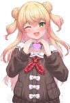 1girl ;d absurdres blonde_hair blush brown_cardigan cardigan commentary_request double-parted_bangs double_bun fang green_eyes hair_between_eyes hair_bun heart heart_hands highres hololive long_hair long_sleeves looking_at_viewer momosuzu_nene momosuzu_nene_(casual) neckerchief official_alternate_costume one_eye_closed open_mouth red_neckerchief sailor_collar shirt simple_background smile solo suicabar72 twitter_username two_side_up upper_body virtual_youtuber watermark white_background white_sailor_collar white_shirt 