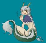  1girl antlers blue_background blue_nails blush braid braided_ponytail breasts claw_pose cropped_jacket dragon_ears dragon_girl dragon_tail fangs full_body fur-tipped_tail gao green_scales grey_hair hand_up horns jacket japanese_clothes large_breasts long_hair looking_at_viewer looking_back open_mouth original purple_jacket sachilko_(motiko) scales short_sleeves simple_background sitting slit_pupils solo tail translation_request very_long_hair yellow_eyes 
