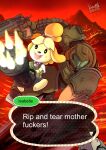  1boy 1girl absurdres animal_crossing blood doom_(series) doom_eternal doomguy eldevoradordeflanes english_text furry gatling_gun hell highres holding holding_weapon isabelle_(animal_crossing) md5_mismatch nintendo nintendo_switch praetor_suit profanity red_theme self_upload smile speech_bubble video_game weapon 